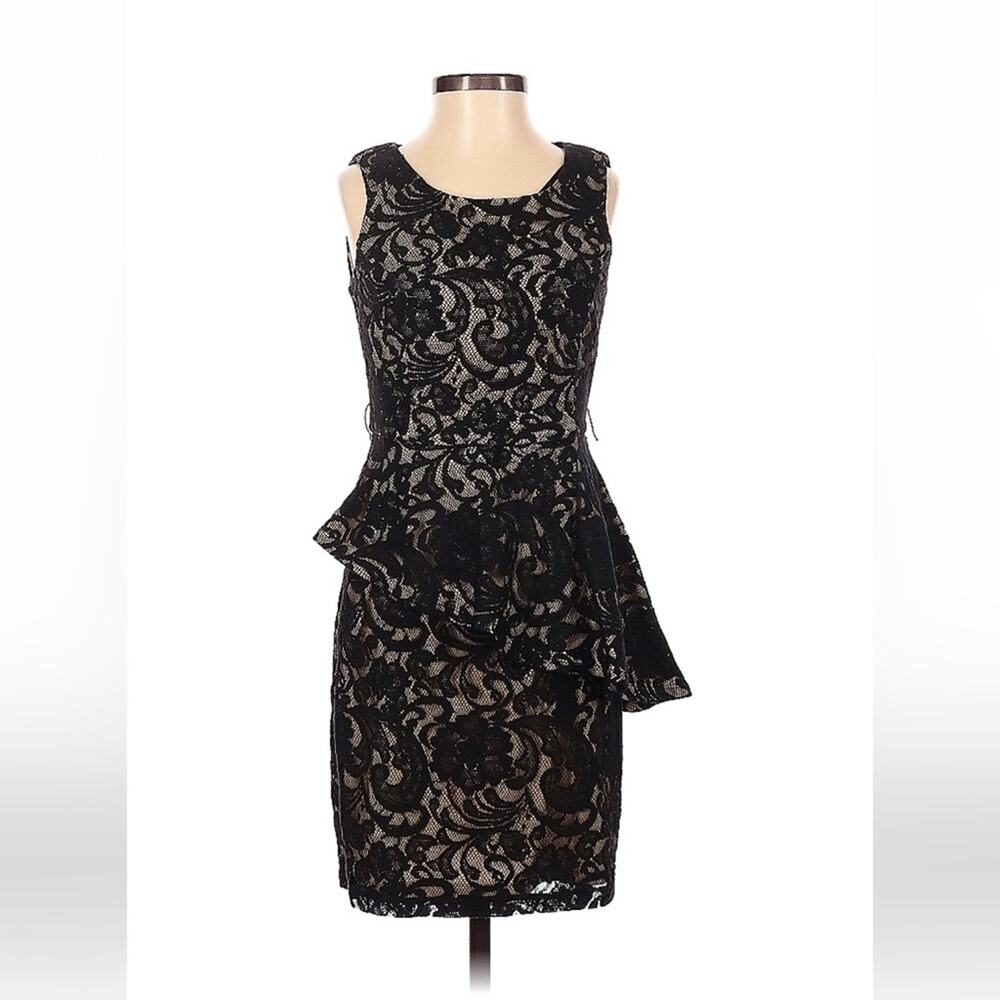BCX black lace overlay peplum sheath cocktail party dress, size 0